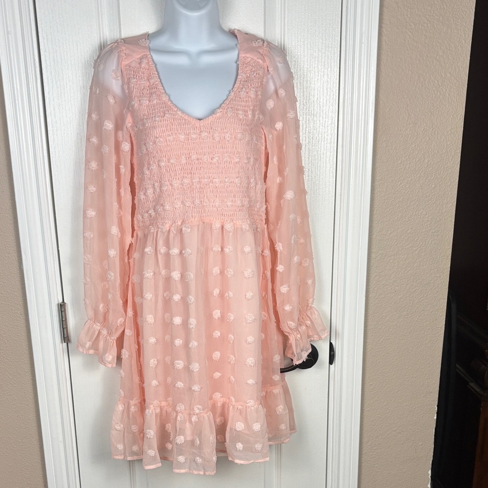 BTFBM Women's Elegant Pink Bishop Sleeves Smocked Bodice Midi Dress Size M NWT
